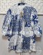 Summer women's large size chiffon white blue printed quarter sleeve stand-up collar button-up shirt 1216