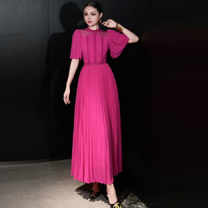
European women's clothing 2026 summer new high-end lace stitching pleated long skirt French slim chiffon dress