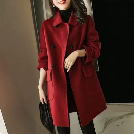 紅色大衣女中長版雙面羊毛絨2023新款高端洋派秋冬小個子毛呢外套-Taobao
