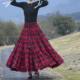New high-waisted long skirt with cotton furry red plaid skirt lace-up square dance ethnic style skirt for women