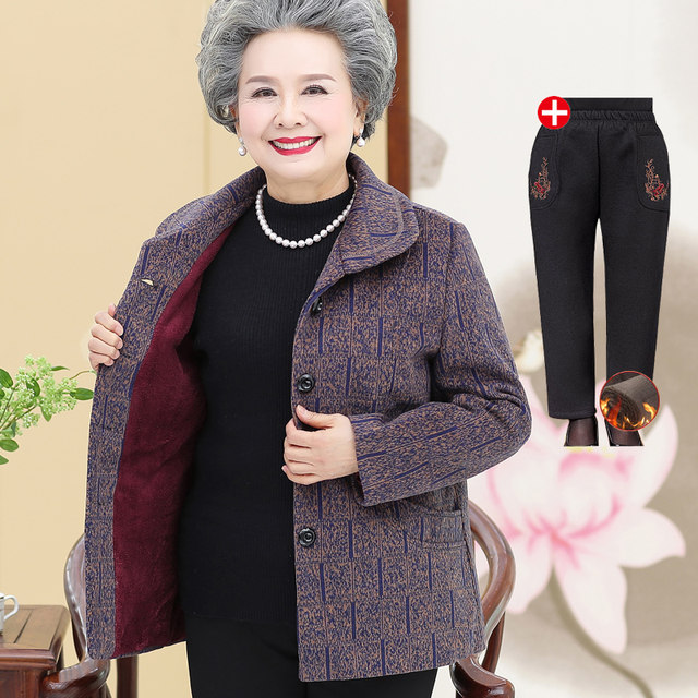 Middle -aged and elderly autumn and winter, woolen woolen coat, big size Mom pretend to be old people clothes plus velvet thickened grandma dressing warm cotton jacket
