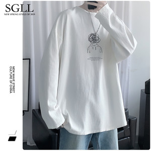 Heavy long-sleeved T-shirt men's autumn and winter printed Hong Kong twilight clothes trendy men's fashion brand white top men's base shirt