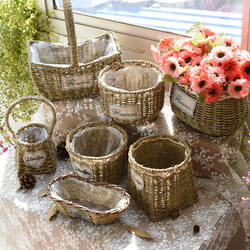 Rural Creative Handmade Straw Flower Baskets, Rattan Flower Pots, Portable Dried Flower Arrangement Baskets, Green Plants and Succulent Flower Vessels