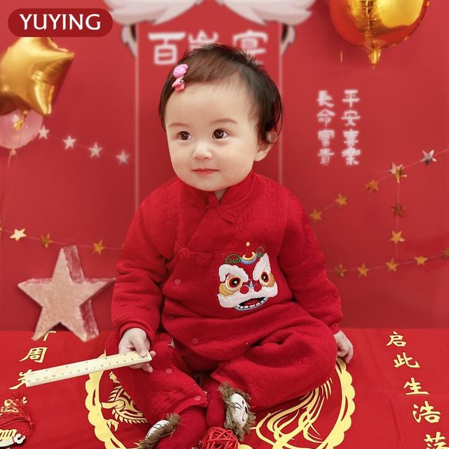 Newborn baby jumpsuit 100-day party one-year-old clothes baby girl full moon festive New Year's greetings clothes red romper