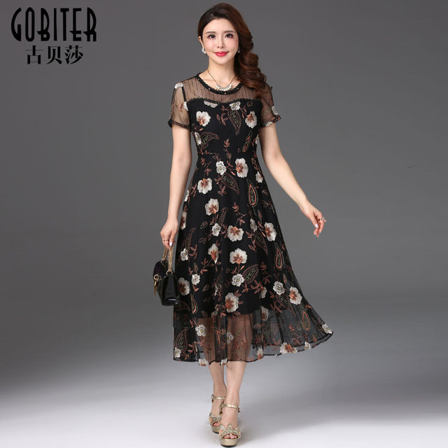 Gu Beisha summer handmade stitching fashion showing thin net gauze embroidery mother dress temperament dress long skirt
