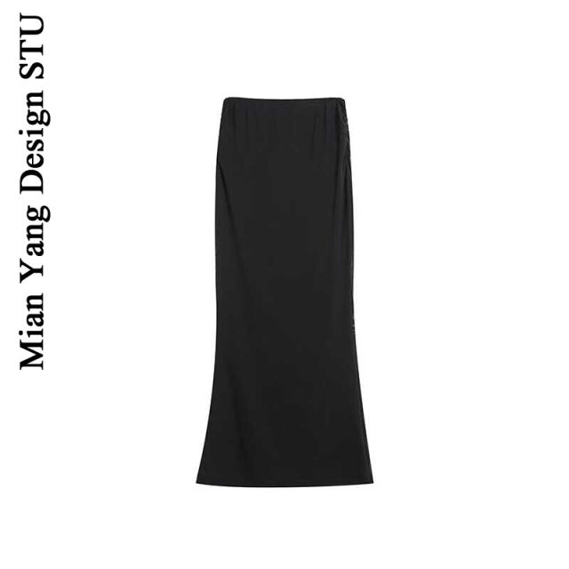 Cotton retro design high double-layer mesh hip-pack long skirt with side pleated high waist fish tail long skirt
