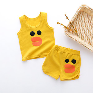 Male baby cotton cotton cotton sleeveless vest, wide shoulder suit 0-1-3 year old girl sucking sweat absorption shorts, two-piece set
