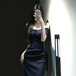 French-Style Elegant High-End Square-Neck Blue Dress for Women, Summer 2026 New Model, Waist-Cinching, Very Beautiful Bodycon Dress