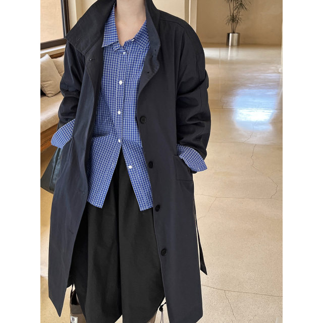 Frosty versatile silhouette stand collar windbreaker for women 2024 autumn lazy style solid color mid-length lace-up jacket top for women