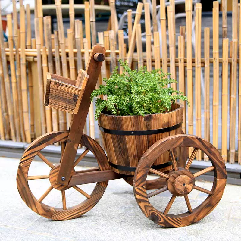 三輪車花架木製花桶花車小車碳化防腐木花盆木桶攝影 三輪車花架木製花桶花車小車碳化防腐木花盆木桶攝影