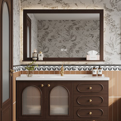 French Style Retro Oak Bathroom Cabinet Combination Bathroom Wash Basin Ceramic All-in-One Basin Smart Bathroom Cabinet