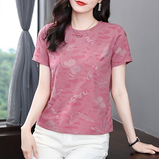 Fashionable pure cotton short-sleeved T-shirt for women in summer middle-aged and elderly women's loose T-shirt 2025 new versatile mother top