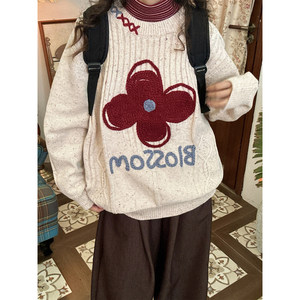
C2 homemade/autumn and winter style Japanese three-dimensional crocheted flower round neck pullover sweater knitted tops for men and women