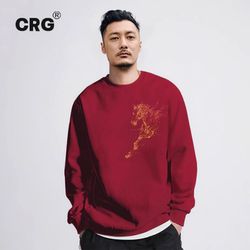 Hong Kong Trendy Brand Angora Red Sweatshirt for Men, Autumn and Winter Fleece-Lined Base Shirt, Year of the Horse, Zodiac Year, Burgundy Couple Outfit