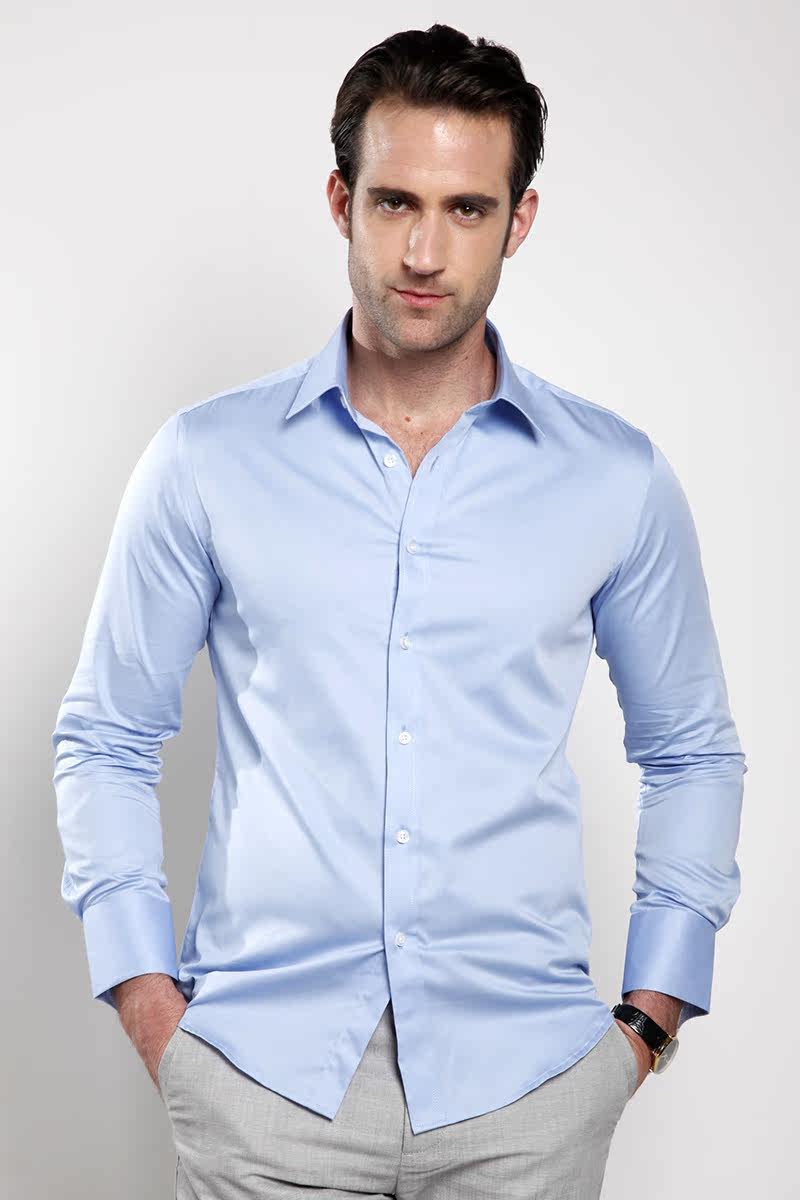 保罗polo丝光棉男士长袖衬衫 商务绅士纯棉天蓝色浅蓝色修身衬衣百世