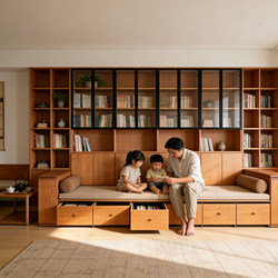 Living Room Full-Wall Bookshelf with Integrated Sofa and Storage, Made of North American Cherry Wood, All Solid Wood, Full-Wall Bookcase Integrated Cabinet