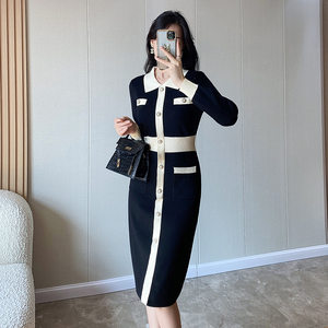 广州十三行时尚女装小香风针织高腰连衣裙长袖保暖中长裙时尚女装