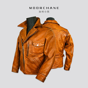 
Mochen sunset yellow cowhide suit collar California bear slash zipper short casual leather jacket for men JW-40