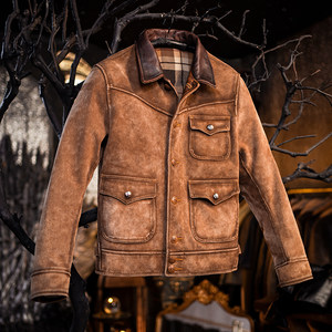 Heavy industry washing~Mottled and aged Mochen men's leather jacket with leather collar and retro yellow suede leather jacket F2472