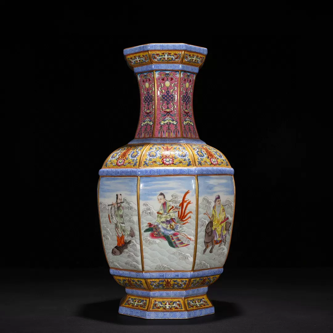 清乾隆粉彩八仙过海人物纹八方瓶古玩古董艺术瓷器老货收藏2212