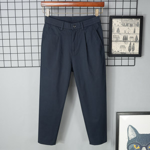 
New Spring and Autumn Pure Cotton Loose Nine-Point Casual Pants Men's Tapered Small Feet Straight Summer Sapphire Blue Dark Blue Elastic