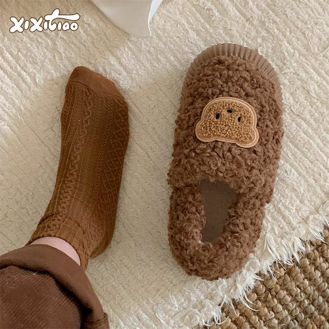 Thin strips of women's winter Korean-style bread shoes, soft and cute bear warm and cute lazy outdoor lamb wool cotton slippers