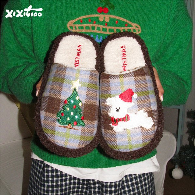 Thin strips of ins embroidered puppy cute home cotton slippers for women winter creative Christmas tree retro plaid furry shoes