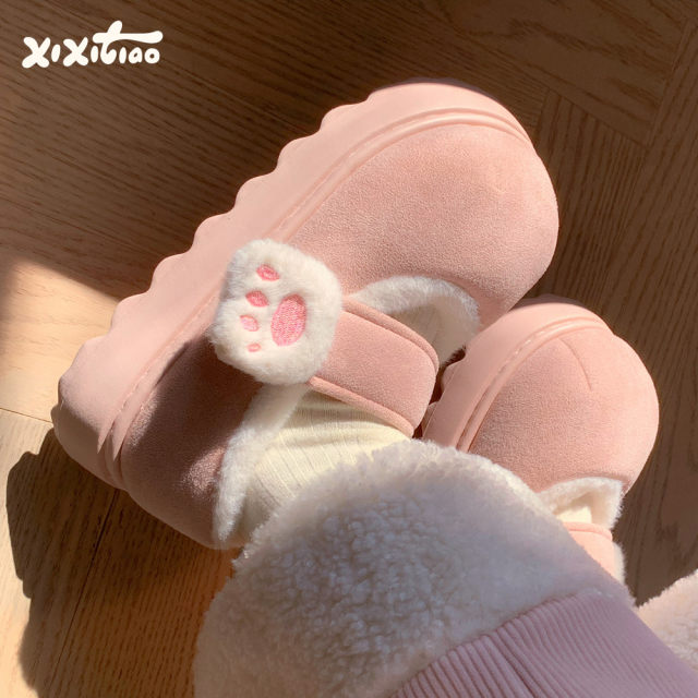 Thin strips, cute cat claw Velcro cotton shoes, winter plus velvet thick sole single shoes, girl's heart warm round-toe bean shoes