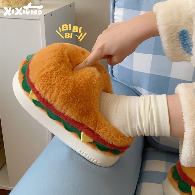 Thin strips of fun and cute hamburger cotton slippers for men and women, winter student creative plush warm couple home cotton shoes
