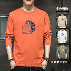 
Orange-red creative fun printed long-sleeved T-shirt men's base shirt spring and autumn round neck autumn clothes basic shirt