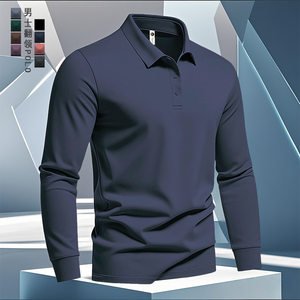 
American classic blue men's POLO shirt 2026 autumn and winter high-end lapel long-sleeved T-shirt business casual s-shirt