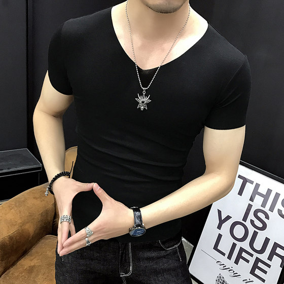 
Summer thin men's seamless short-sleeved T-shirt V-neck slim casual fitness sports black tight-fitting tops for men