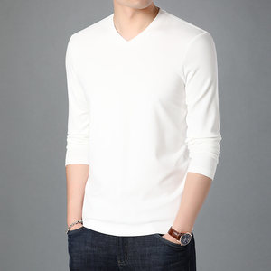 
T-shirt for men's long sleeves V-neck versatile men's clothing for spring and autumn solid color basic inner base shirt