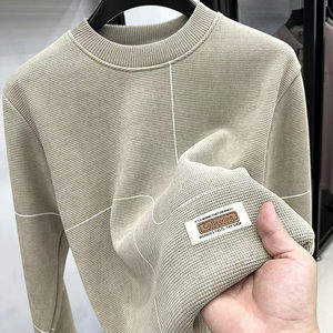 Heavy trendy round neck sweatshirt for men in autumn and winter long-sleeved velvet thickened inner top casual hat-free base shirt
