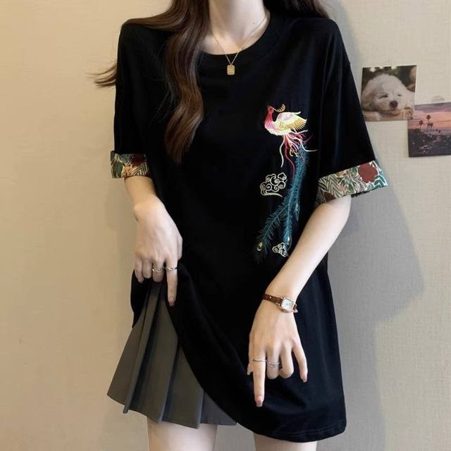 
High-end embroidered black short-sleeved T-shirt for women's mid-length new Chinese style top new summer large size fat mm
