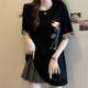 
High-end embroidered black short-sleeved T-shirt for women's mid-length new Chinese style top new summer large size fat mm