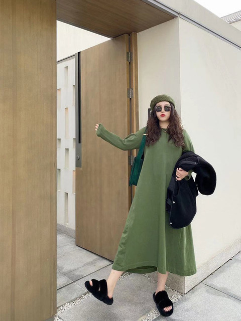 Cannes large size slightly fat Korean style simple cotton sweatshirt dress with big sway dress
