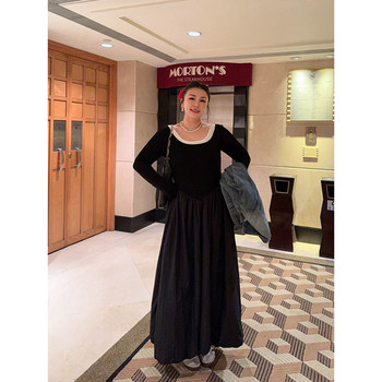 VOGANA Cannes home large size women's clothing French elegant daughter little black skirt waist slim and spliced ​​A-line dress
