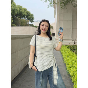 
VOGANA Cannes plus size women's high-intellectual temperament loose slimming short-sleeved one-shoulder waist-banded T-shirt