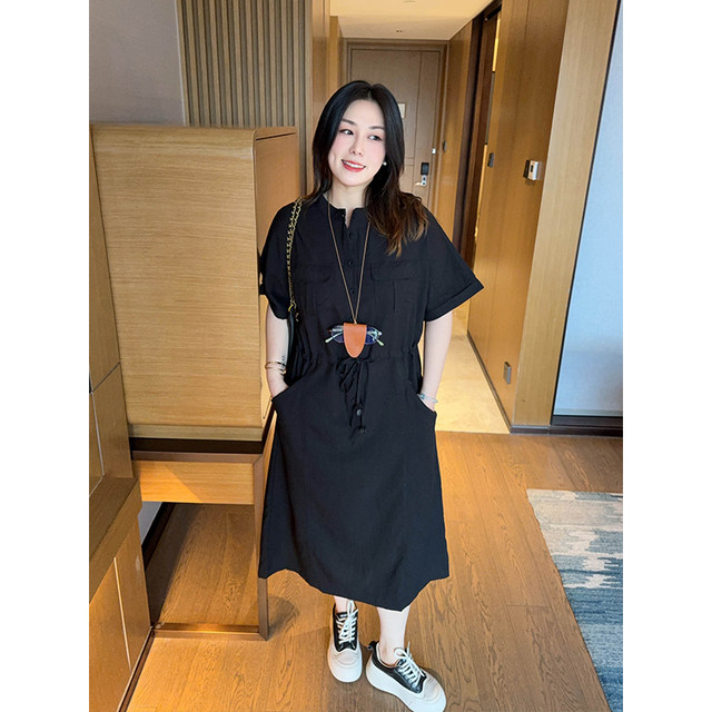 VOGANA Cannes home large size women's summer fashionable lazy pocket work skirt waist-hugging A-line dress
