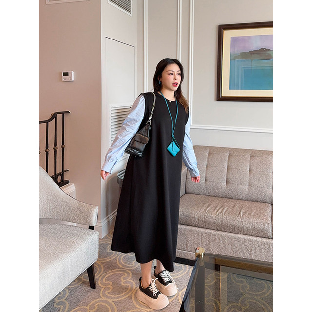 VOGANA Cannes home large size women's clothing Korean high-smart long skirt fashionable contrasting color splicing fake two-piece loose dress
