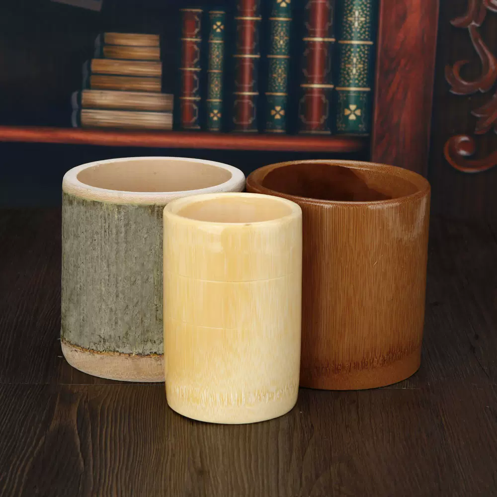 竹筆筒連身收納多功能大容量竹製筆筒套裝圓形辦公筆筒個性收納筒