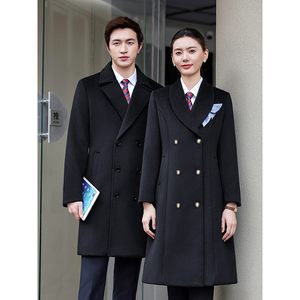 
Navy blue woolen woolen coat for women winter thickened professional attire jewelry store selling mid-length woolen coat