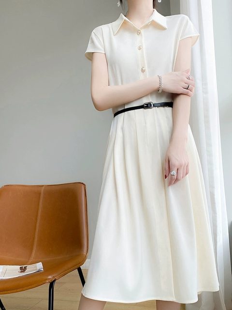 Minimalist A Neckline Polo Neck Casual Date Dress Women Summer Skirt with Belt D1942 main image 1