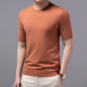 New cashmere men's sweater knitting wool bottoming shirt, short sleeve half -sleeved sloping loose round neck
