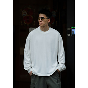 
BatterUp spring and autumn basic bottoming top pure cotton loose solid color versatile round neck long-sleeved T-shirt men's trendy brand