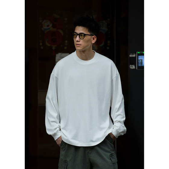 
BatterUp spring and autumn basic bottoming top pure cotton loose solid color versatile round neck long-sleeved T-shirt men's trendy brand