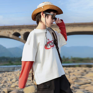 
Three-point water fake two-piece pure cotton long-sleeved T-shirt for boys and girls, color matching soft outdoor sports spring and autumn round neck bottoming shirt