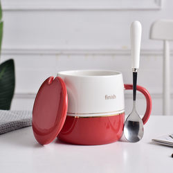 Stylish and Trendy Household Ceramic Mug for Men and Women, Couple's Coffee and Milk Cup with Lid and Spoon for Breakfast
