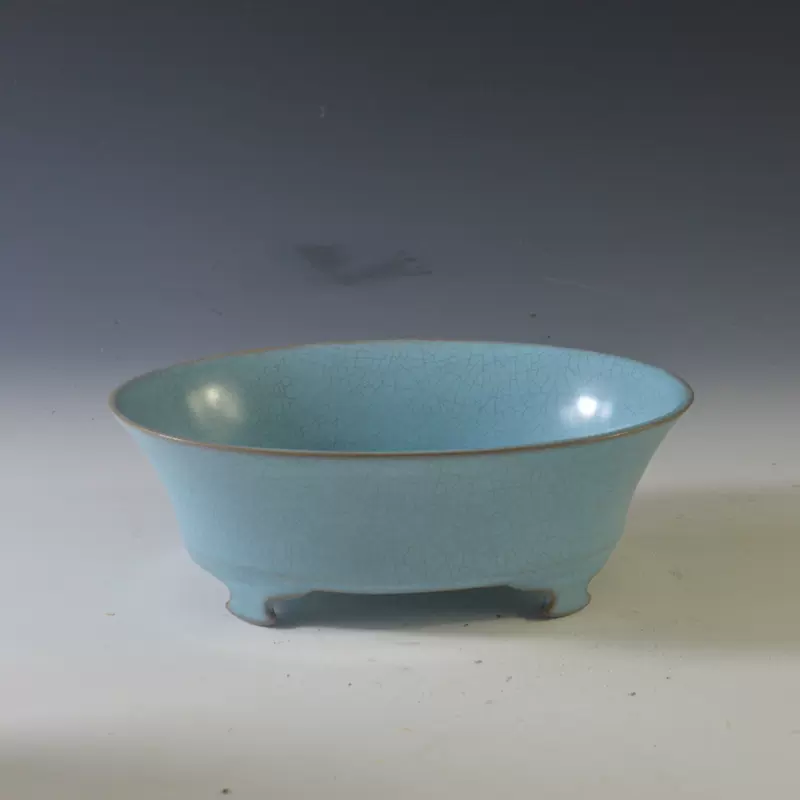 宋汝窯藍釉菊花弁水仙盆 筆洗 書道具 文房具 現代工芸品